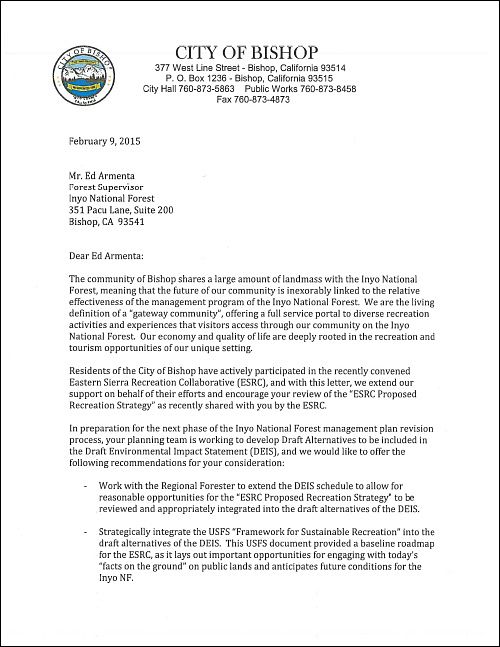 City of Bishop - Letter of Support for ESRC Efforts