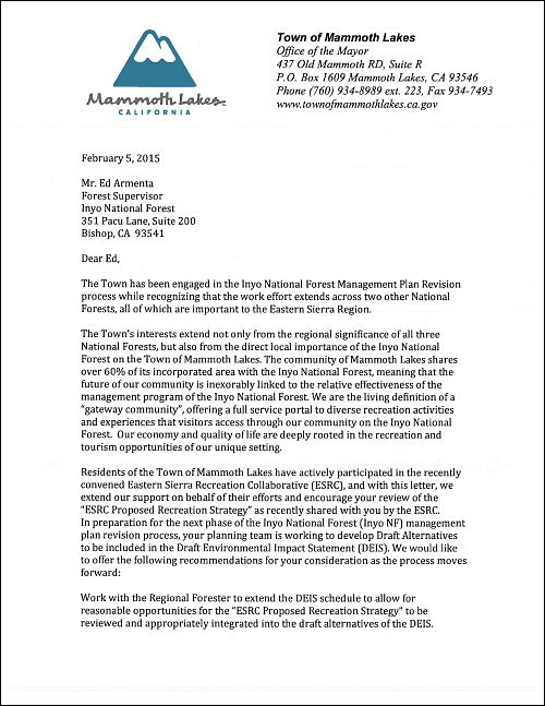 Town of Mammoth Lakes  - Letter of Support for ESRC Efforts