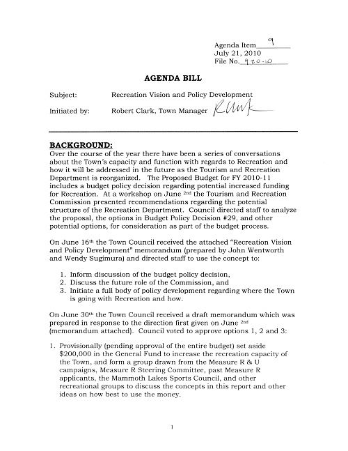 Town Council Agenda Bill for RECSTRATS I