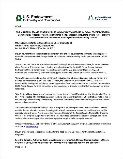 U.S. Endowment for Forestry and Communities Press Release