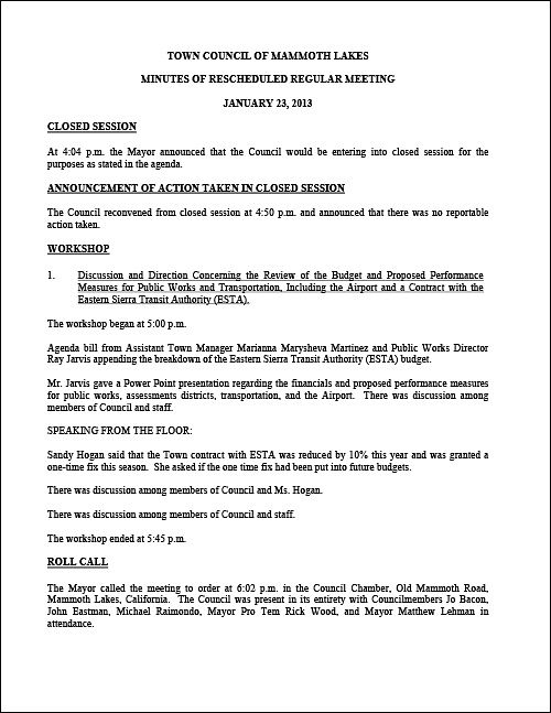 Town Council Meeting Minutes - January 23, 2013