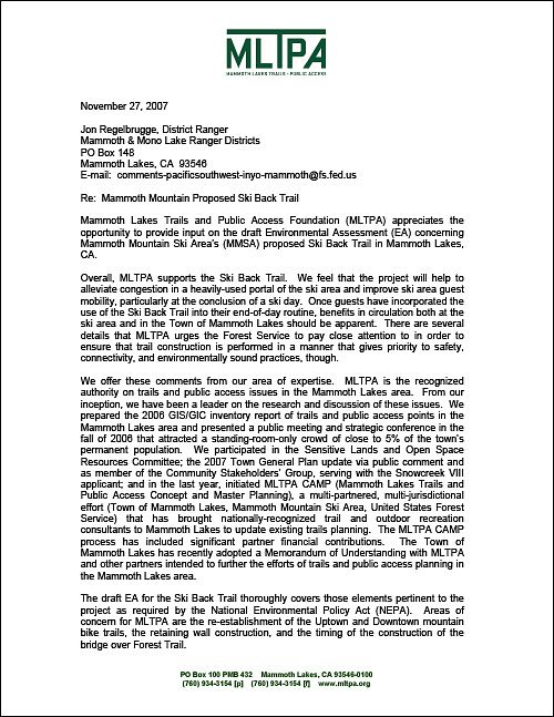 MLTPA comments - Ski Back Trail EA - Nov 27, 2007  (95KB)