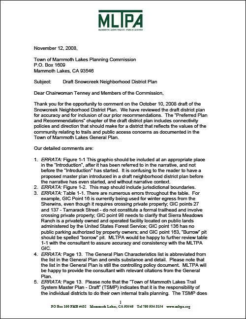 MLTPA comments - Snowcreek NDP - Nov 12, 2008  (16KB)