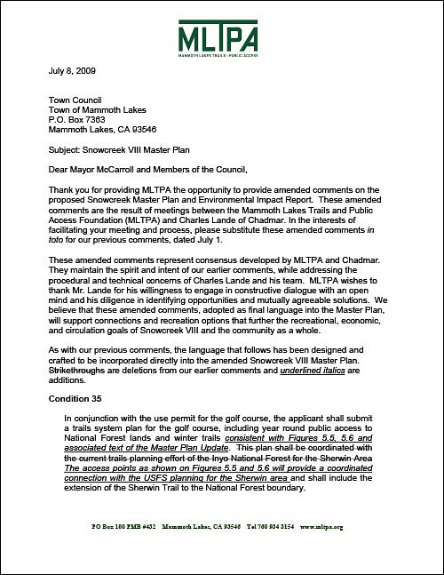 MLTPA comments - Snowcreek Master Plan VIII - July 8, 2009  (140KB)
