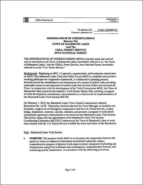 USFS MOU for Mammoth Lakes Trail System - June 11, 2013